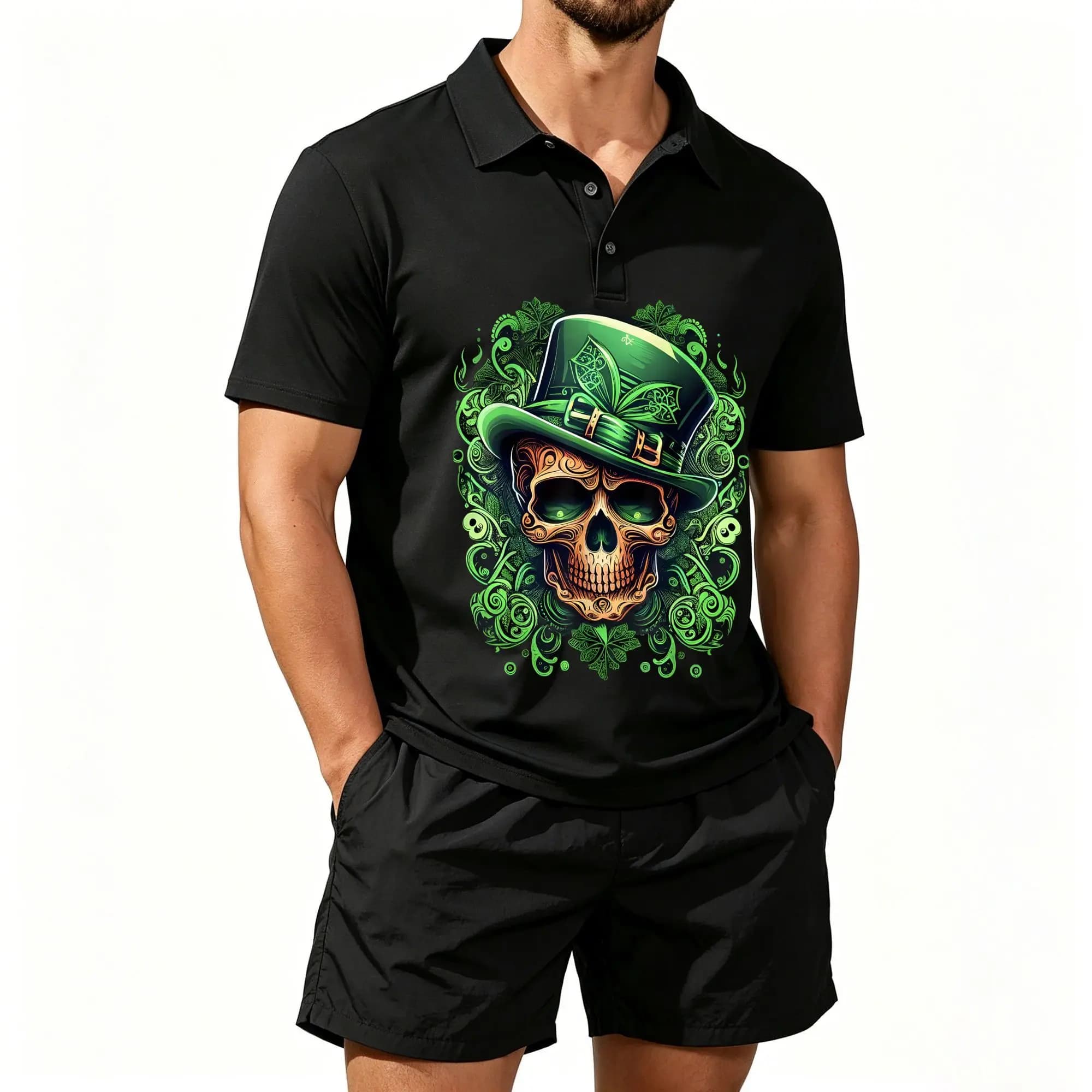 Men's Polo Shirt and Beach Shorts Set, St. Patrick's Day Irish Leprechaun Sugar Skull Style, Casual and Comfortable Fit