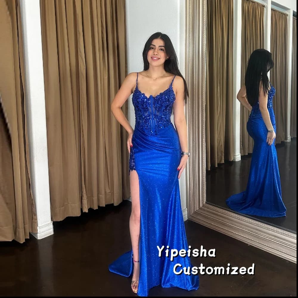 Custom satin evening dress with lace applications, thin shoulder straps, sequins, pleated, with high slit, for year-end parties and dances