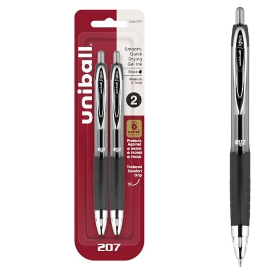 uniball 207 Retractable Gel Pens, Medium Point 0.7mm,Black, 2 Pack