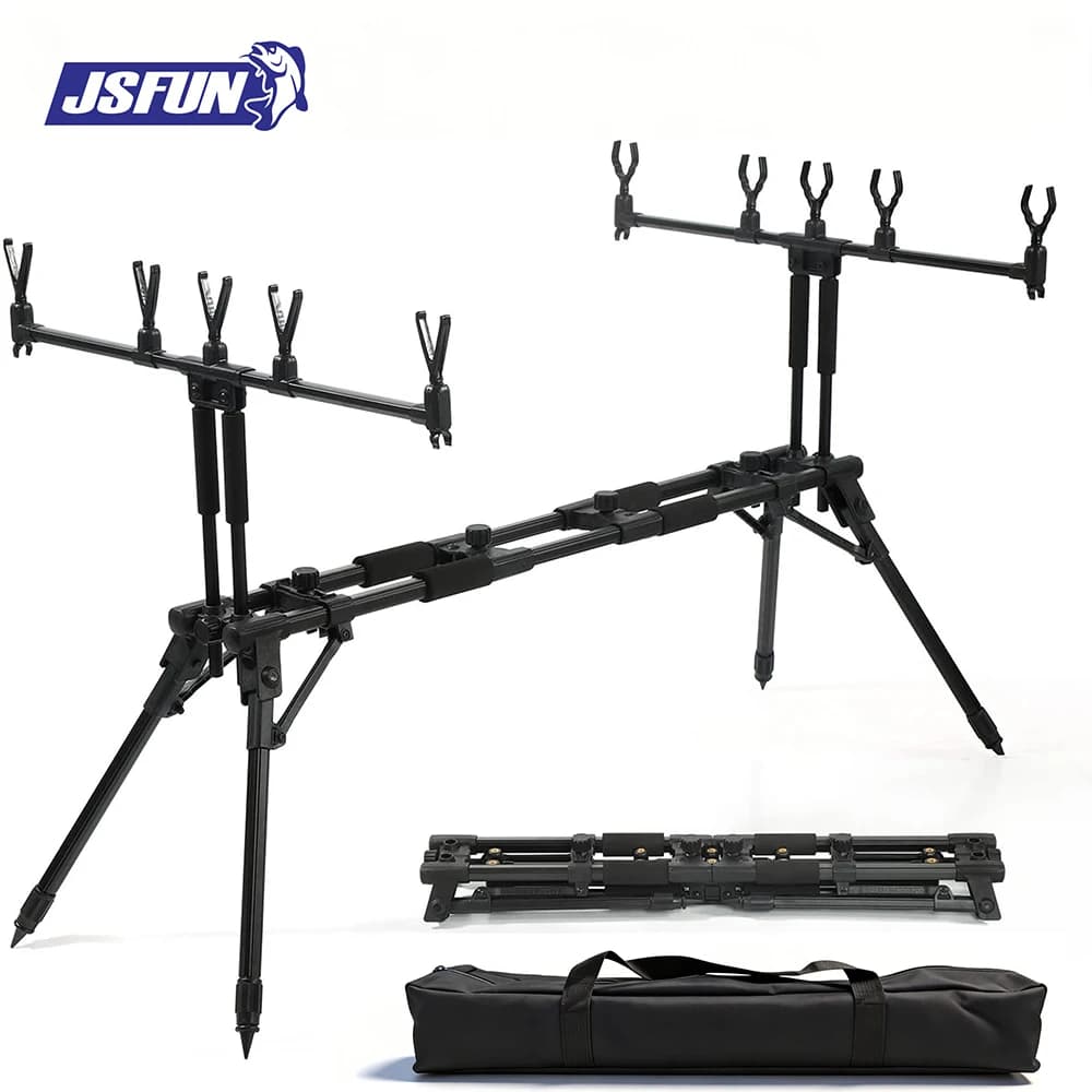 JSFUN Supporto Regolabile per 5 Canne da Pesca - Treppiede Estensibile 90-140cm Pieghevole con Portacanne da 70cm per Pesca da Riva