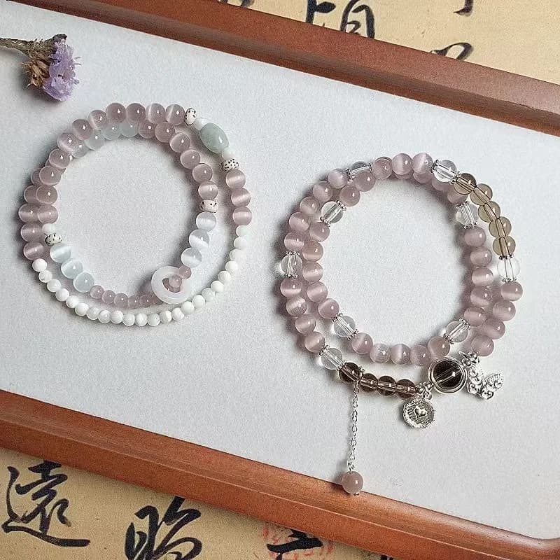 Dry Rose ~ Bracciale a doppio cerchio con pietra occhio di gatto fresco, stile cinese, farfalla, giada, anello da corsa, gioielli con perline di conchiglia