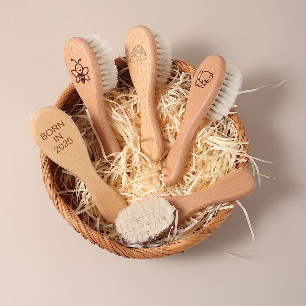 Cute Animal Natural Wool Beech Wooden Comb Kids Baby Hair Brush Born in 2025 Laser Engrave