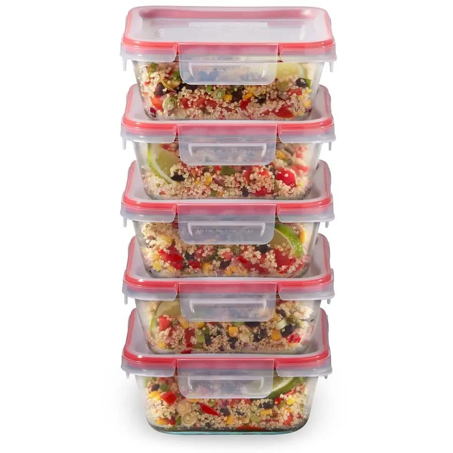 Freshlock Set di 5 Contenitori in Vetro per Alimenti, 4 Tazze, Coperchi Ermetici e Antiperdita Senza BPA, Set per Preparazione Pasti