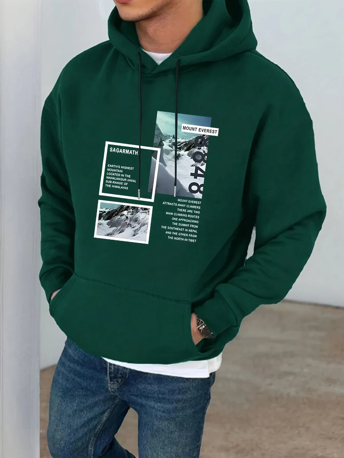 Men Fleece Hoodie Four Grid Snow Mountain Landscape Typography Text Chest Print Outdoor Hiking Casual Pullover
