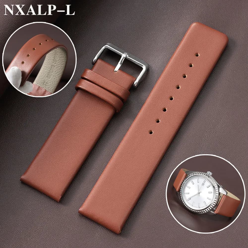 Ultra Slim Vine Leather Watch Strap 18mm 20mm 22mm, Genuine Leather Straps for Men and Women with Silver Pin Buckle
