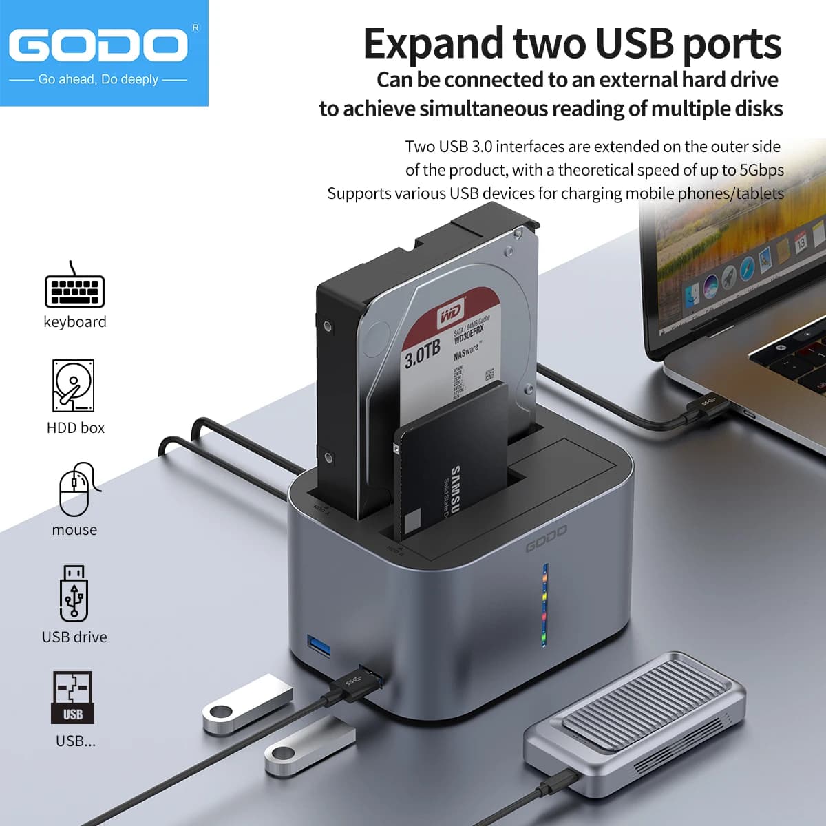 Docking Station GODO a Doppio Slot per Dischi Rigidi, USB 3.0 Tipo C, Compatibile con HDD/SSD SATA da 2.5/3.5 Pollici, con Indicatore LED