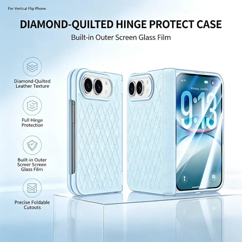 For iPhone Duo Magnetic Diamond Lattice PU Leather Case Hinge Full Protection Built‑in Front Screen Film Shockproof Cover