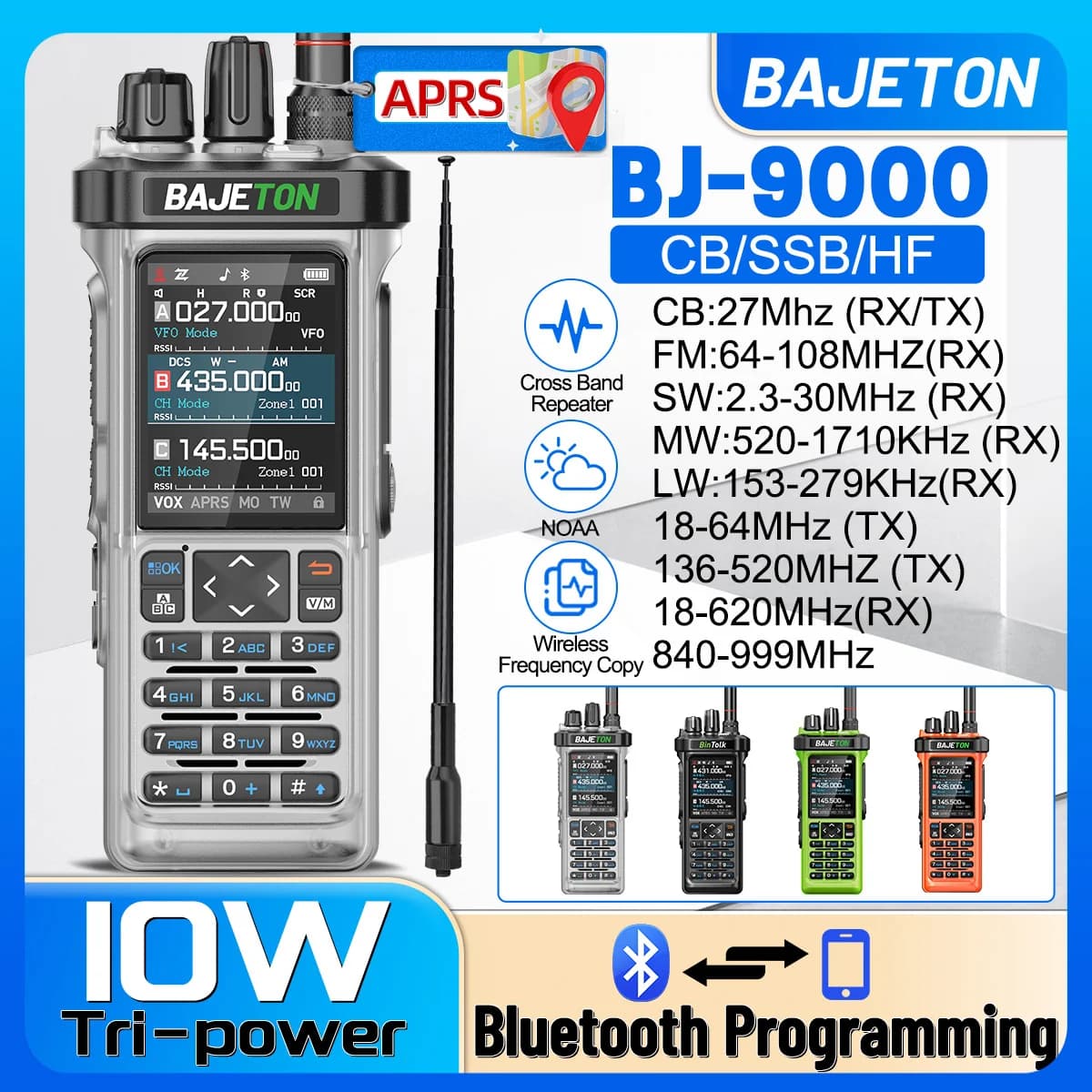 BAJETON BJ-9000 Walkie Talkie APRS/GPS 10W CB Cross Band Bluetooth APP Programmazione VOX a lungo raggio per RT-950 RT-950PRO Ham Radio