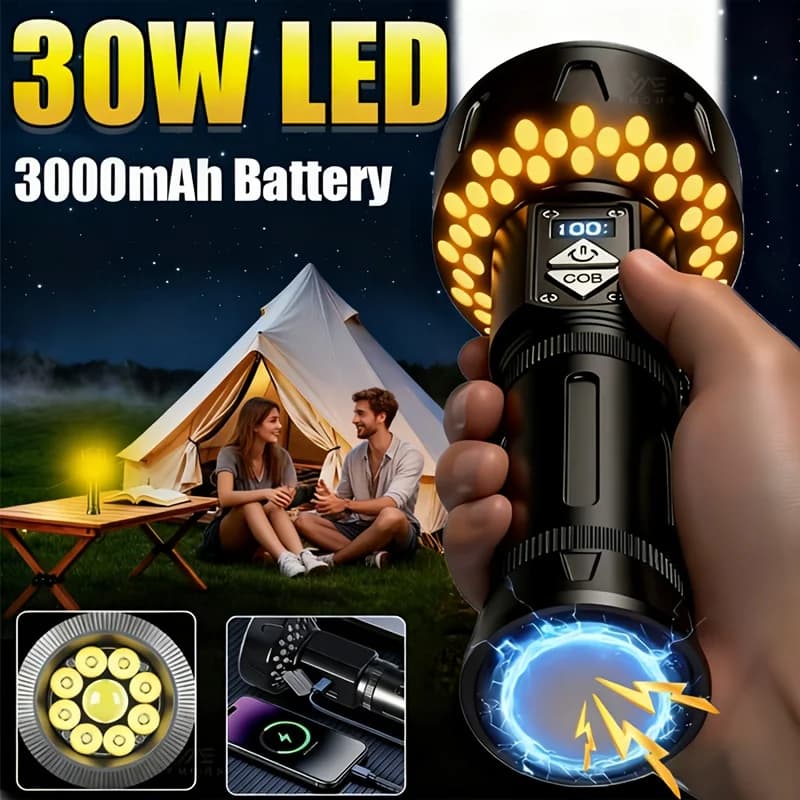 Torcia Ultra Potente 30W con 8 LED, Ricaricabile USB-C, 24 COB, per Escursionismo e Campeggio