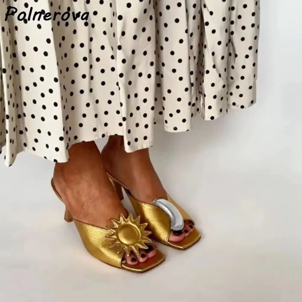 Metallic Sun Moon Applique Sandals Color Block Square Toe Kitten Heel Slide Slippers Summer Party Vacation Elegant Women Shoes