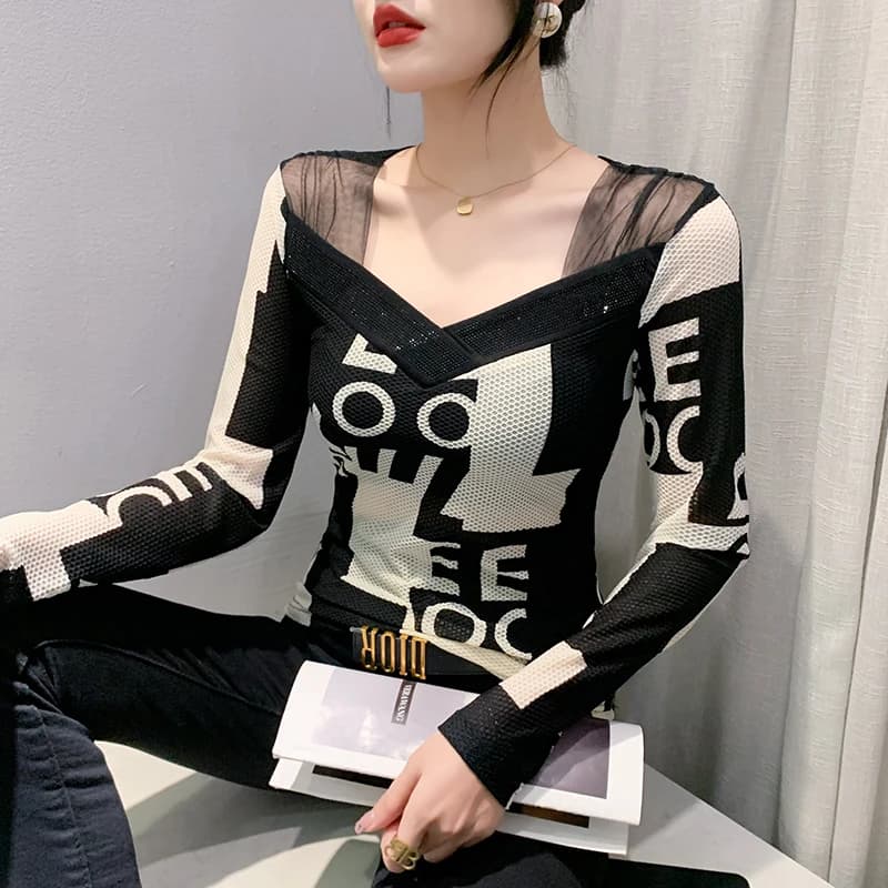 Nuovo 2025 Autunno Con Scollo A V A Maniche Lunghe T-Shirt da Donna Moda Casual Stampato Diamante Maglia Magliette e camicette M-3XL Vestiti