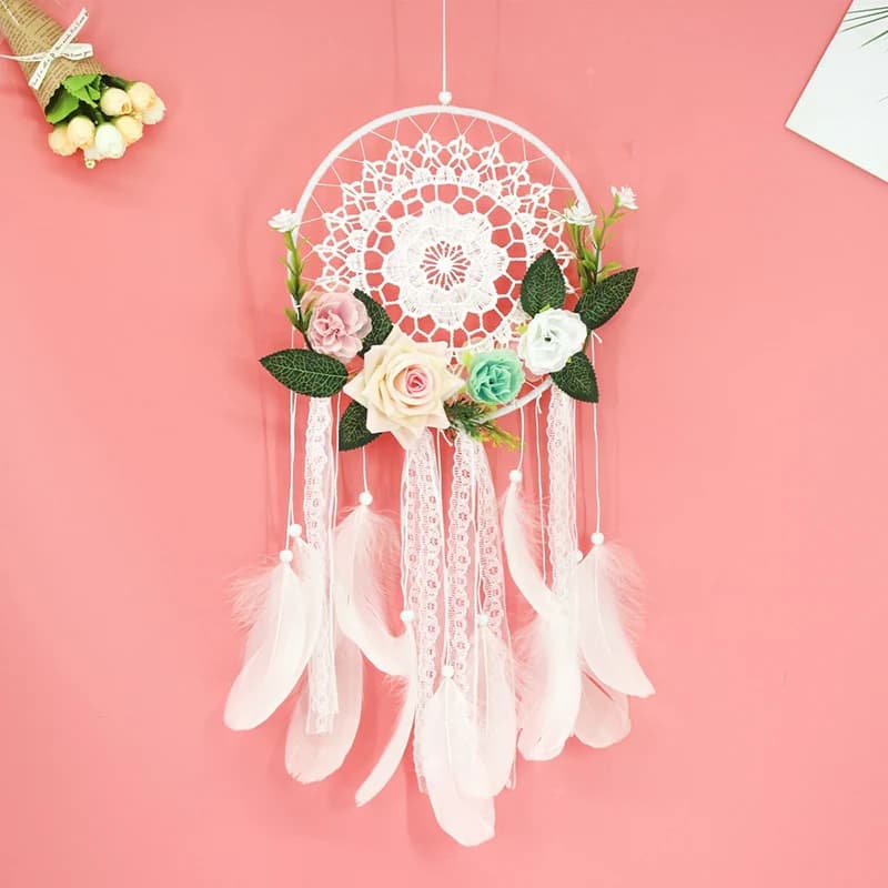 Elegant White Flower Feathers Dream Catchers Handmade Ornaments Window Wind Chimes Home Decorations Wall Pendants For Girls Gift