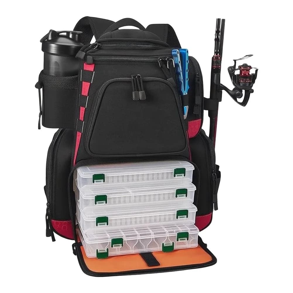 Waterproof Ready Fishing Backpack with Rain Cover Spacious Interior for Rods Tackle Boxes 49x41.5x23.8 cm Black or Khaki