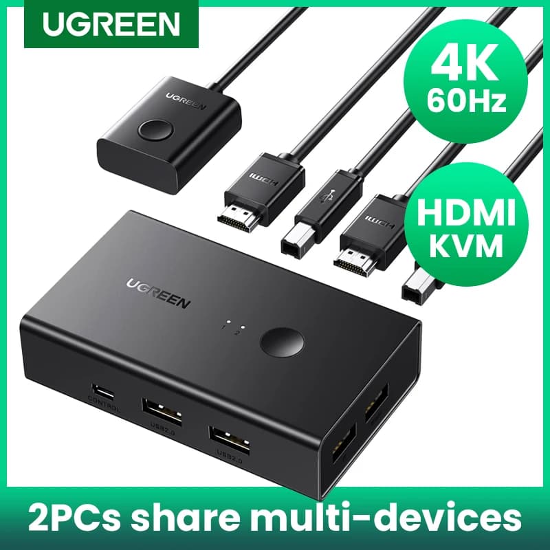 UGREEN HDMI Compatible KVM Switcher USB 2.0 4K @ 60Hz for Monitor Mouse 2 PC Printer Sharing 1 device with HDMI cable