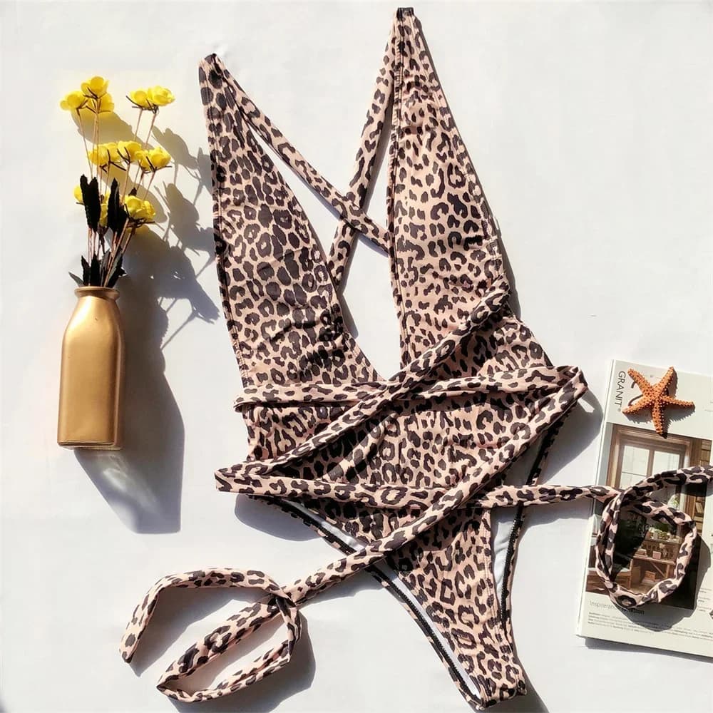 Bikini sexy con fasciatura senza schienale Leopard Extreme Monokini Costume da bagno con gamba alta a V profonda Costumi da bagno per le vacanze Set bikini da spiaggia per donna