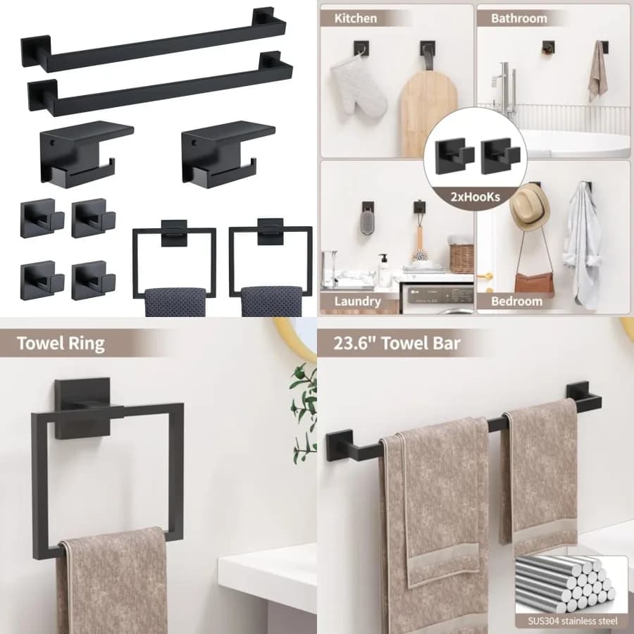 Set di accessori da bagno neri da 10 pezzi in acciaio inossidabile SUS304, 2 portasciugamani da 23,6 pollici, 2 anelli portasciugamani, 2 porta carta igienica e 4 accessori per WC.