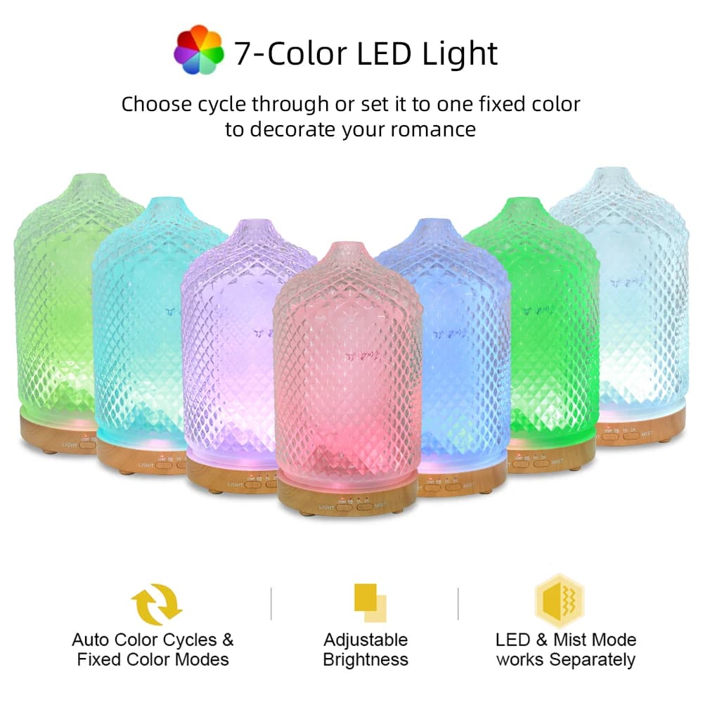 Diffusore di oli essenziali ad ultrasuoni da 200 ml, timer automatico e luce a 7 colori, umidificatore silenzioso e sicuro