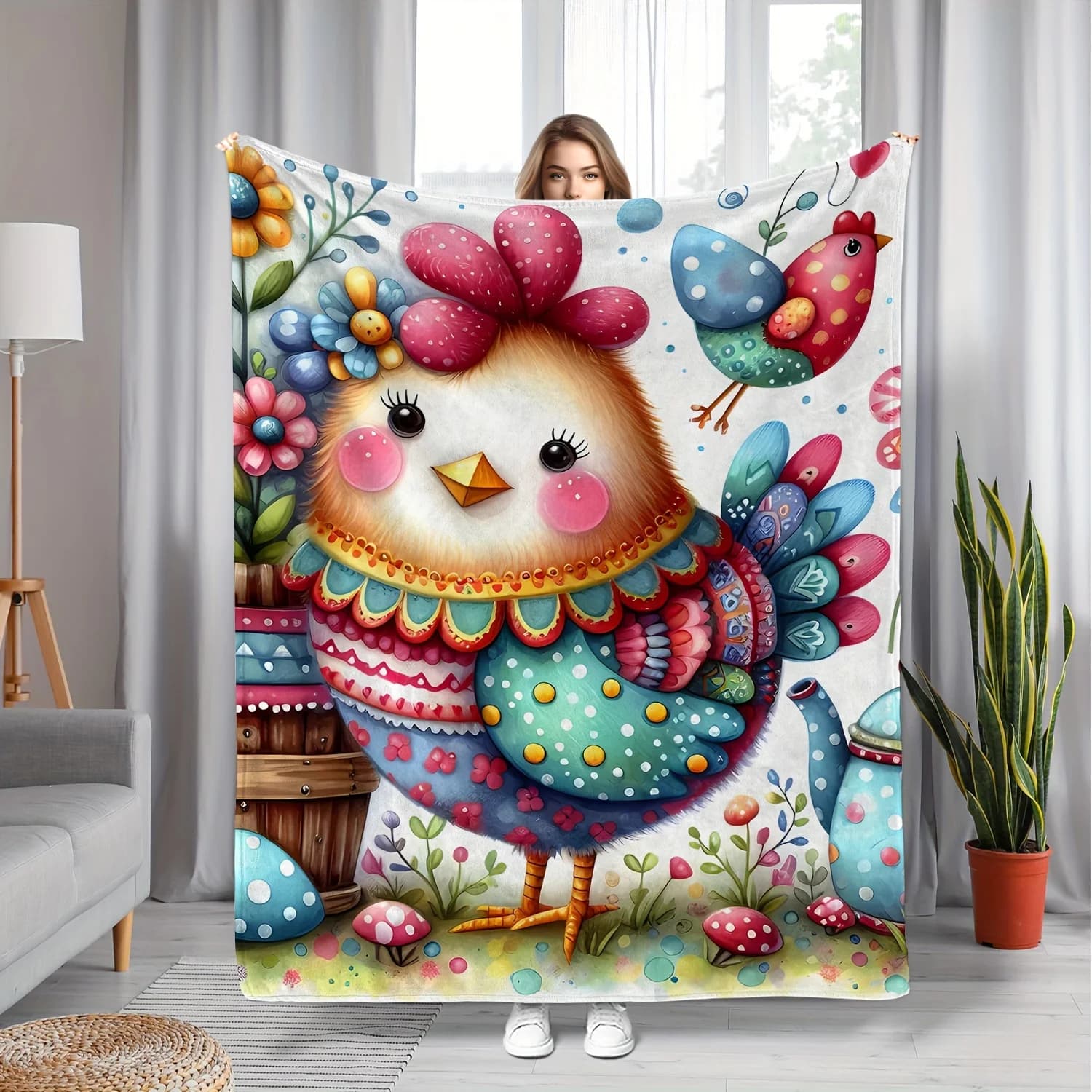 Modello a tema pollo cartone animato Coperta stampata in flanella adatta a tutte le stagioni adatta per divano da ufficio e viaggi