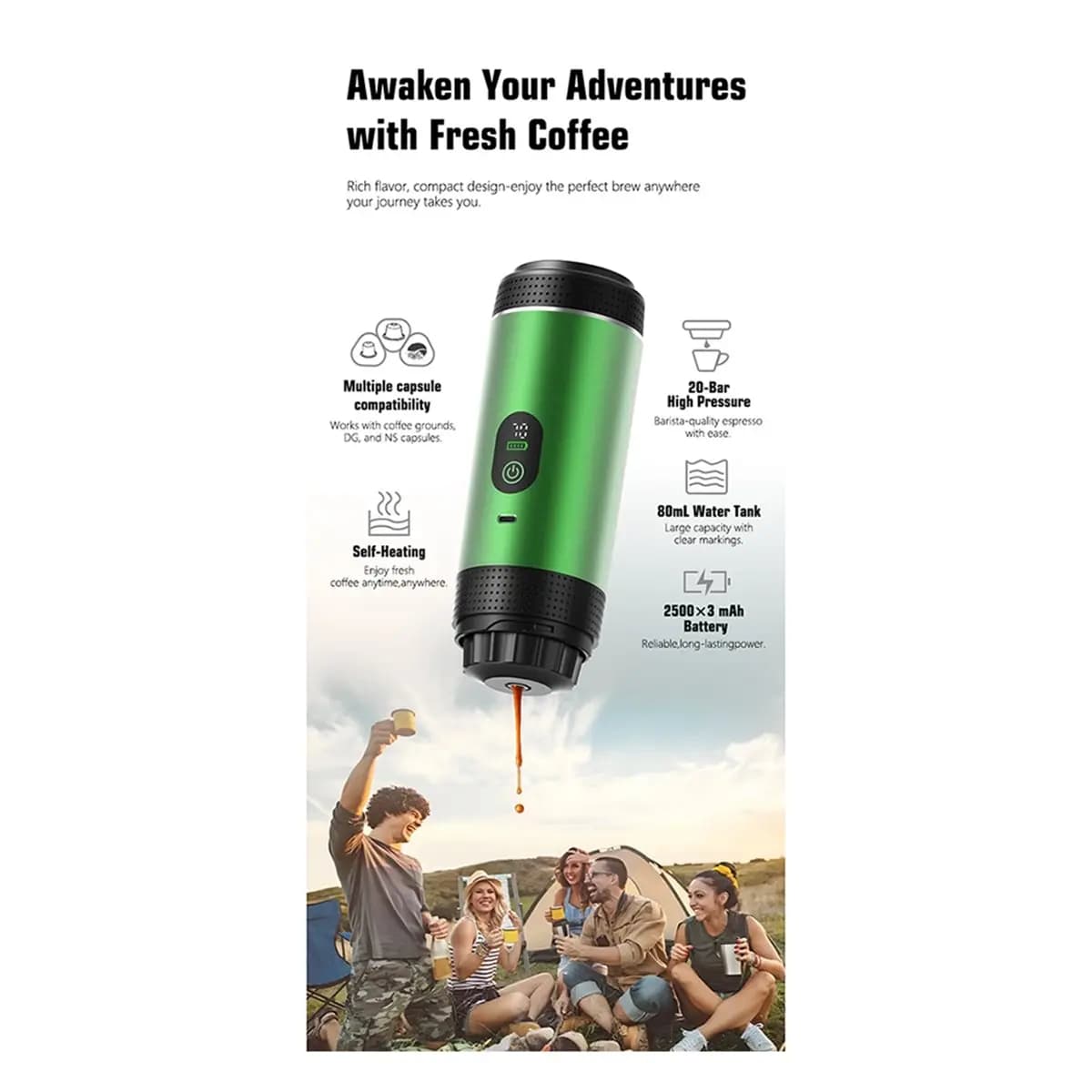 [Vend for]Portable Capsule Coffee Maker with Digital Display - Espresso Machine for Home, Car, and Camping Use