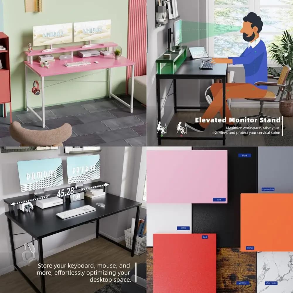 Scrivania Compatta Rosa da 47 Pollici con Supporto Monitor e Gancio per Cuffie, Ideale per Piccoli Spazi e Studio dei Bambini