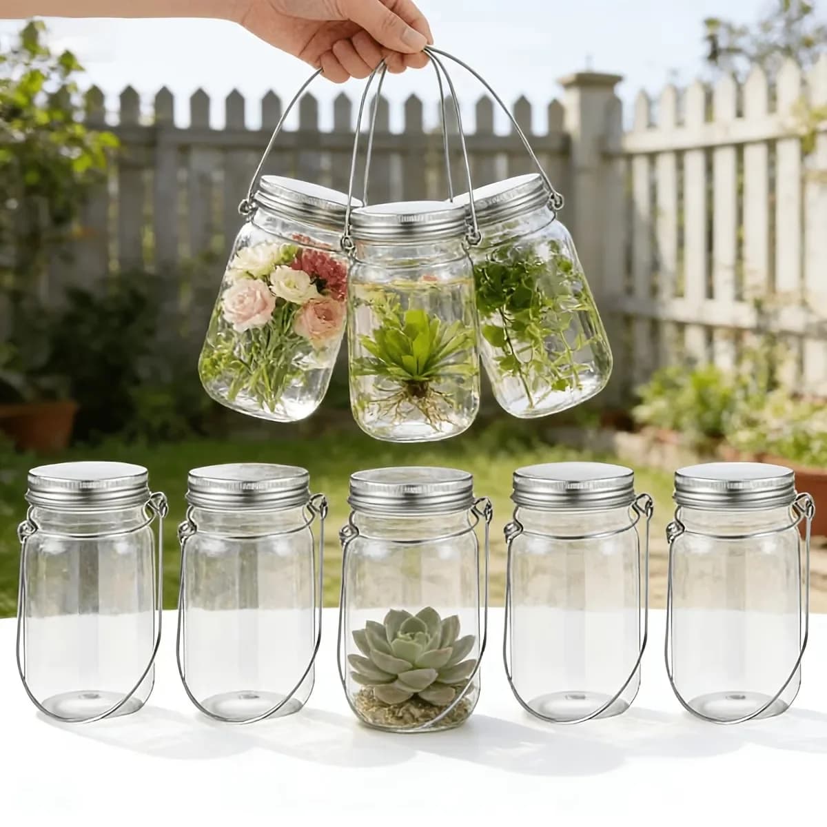 New Models DIY Plastic Mason Jar Set with Hooks, Flower Arrangement Vase for Home Lighting Decor, Craft Accessories for Party