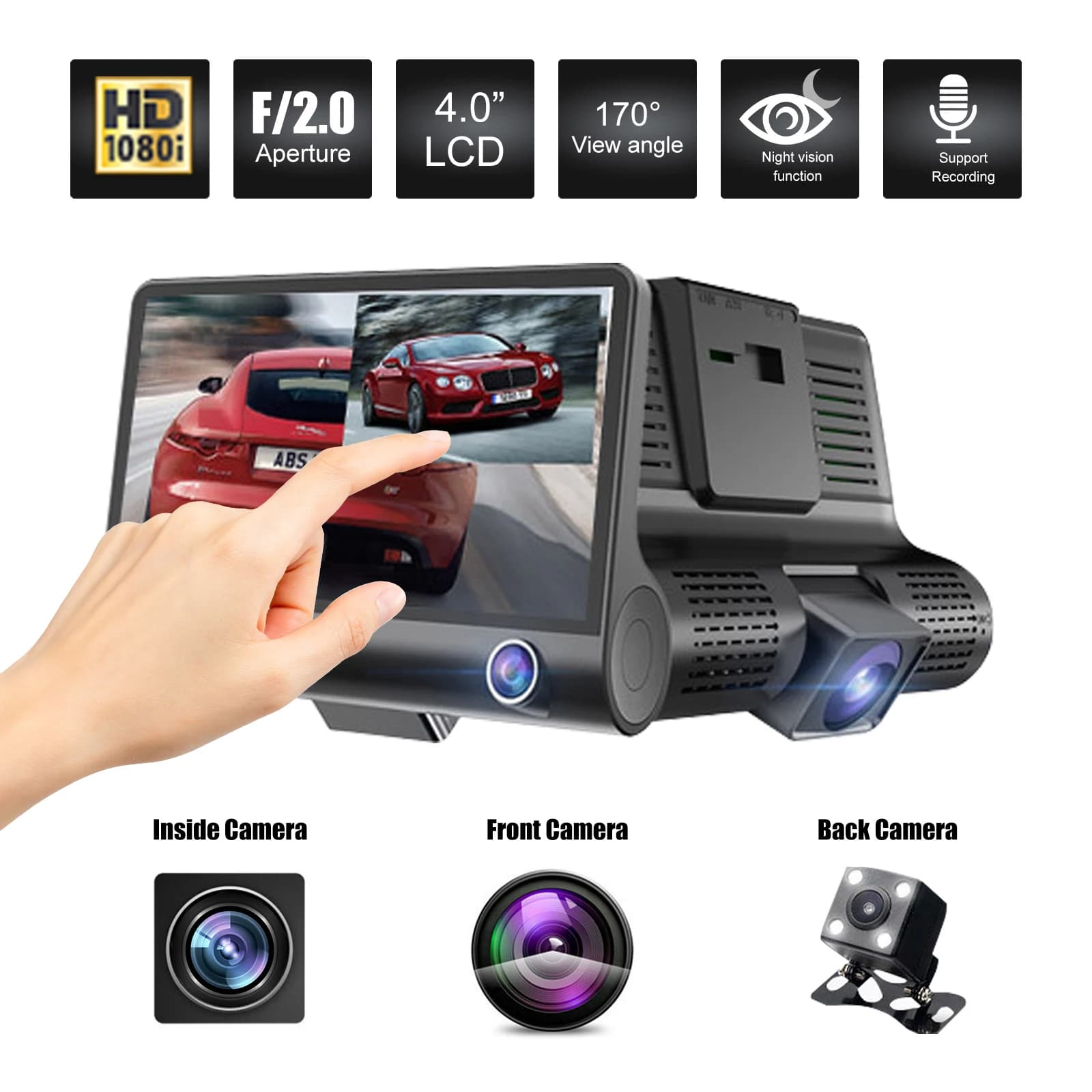 Car dashboard camera DVR 1080P HD 3 in 1 Dual Rear Car Camera IPS Tactile Screen Motion Detection
