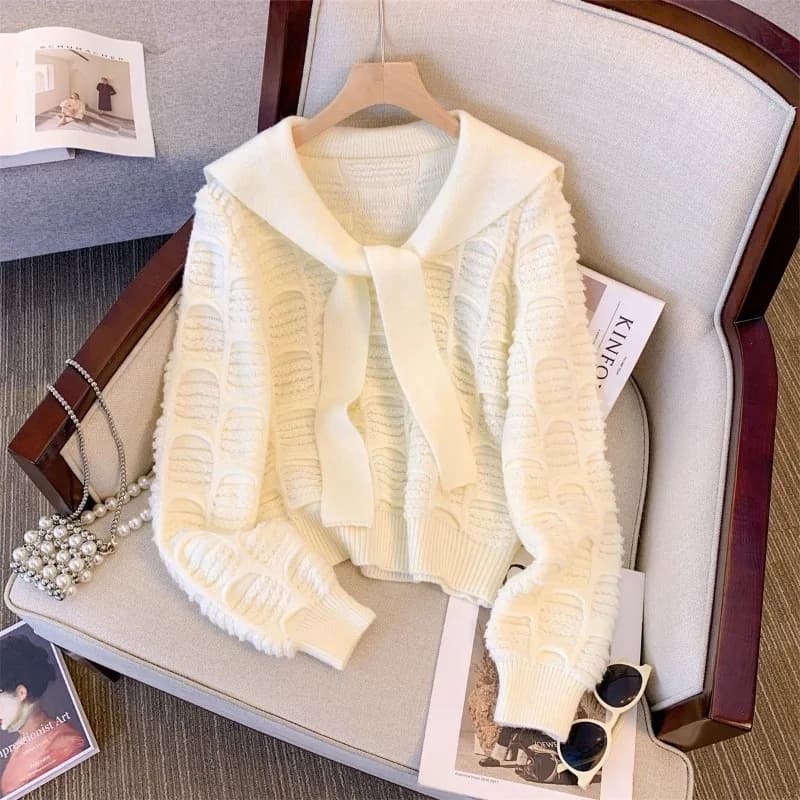 Autumn and Winter Fashion New Women's Elegant Design Knitted Cashmere Hoodie Korean Retro Shawl Navy Neck Thick Sweater Jumper