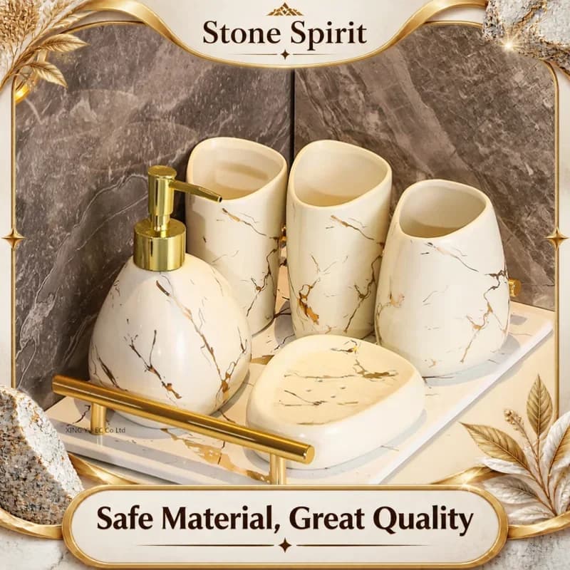 Bathroom Accessories Set Ceramic Toothpaste Dispenser Bathroom Cup Toothbrush Holder Soap Dish Nordic Platinum Marble Texture