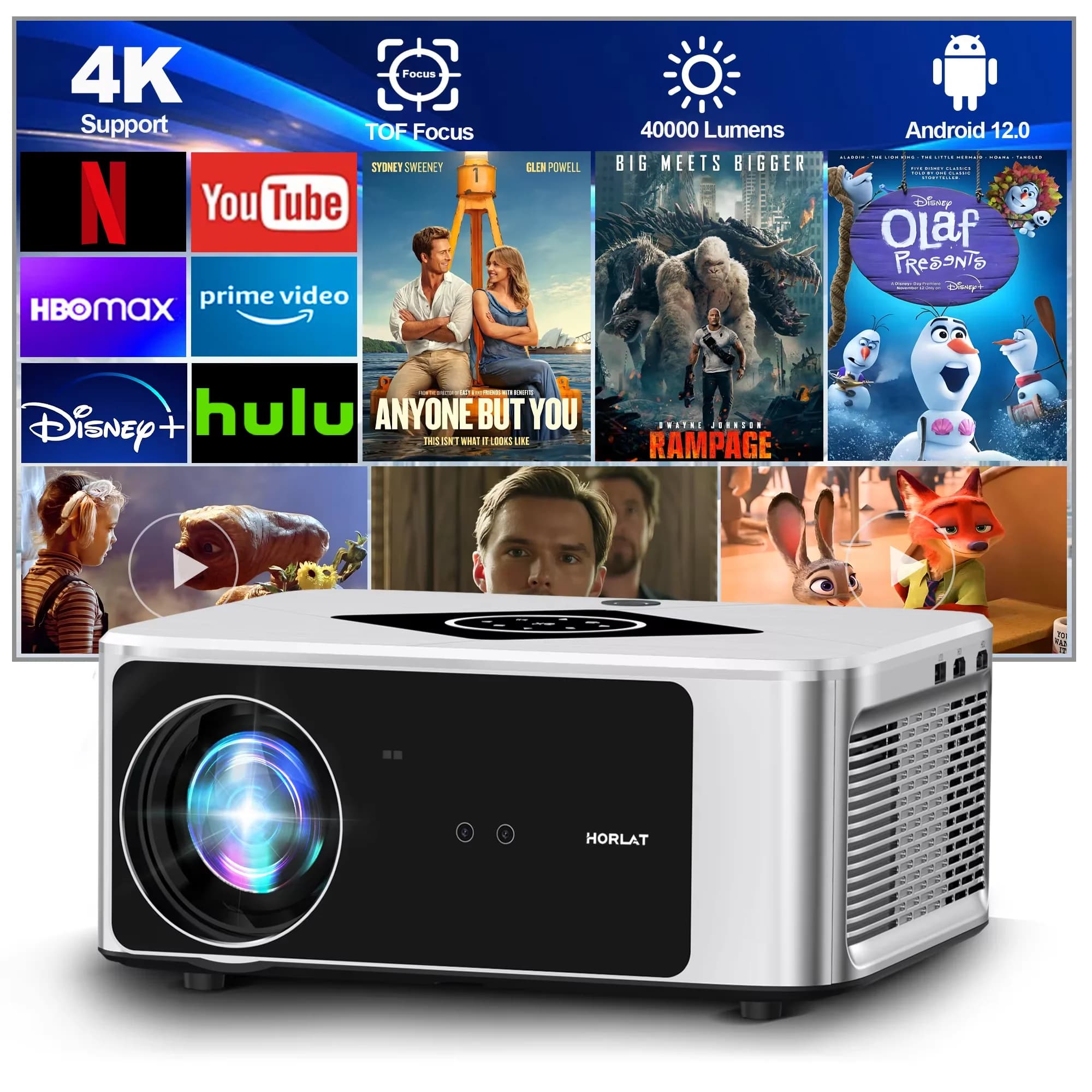 Proiettore HORLAT 2000 Ansi Lumen Full HD 1080P 4K Video con Autofocus e Correzione Trapezoidale, Home Cinema, WiFi 5G, TV Portatile, Proiettore per Natale