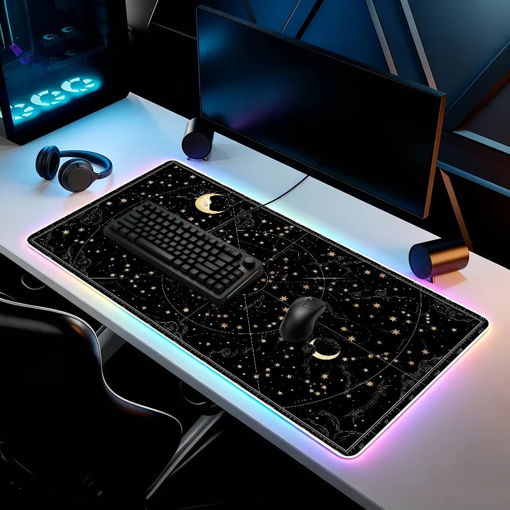 Tappetino per mouse Mystery Constellations Moon And Star, tappetino antiscivolo per scrivania da ufficio, camera da letto, con LED RGB, impermeabile, grande