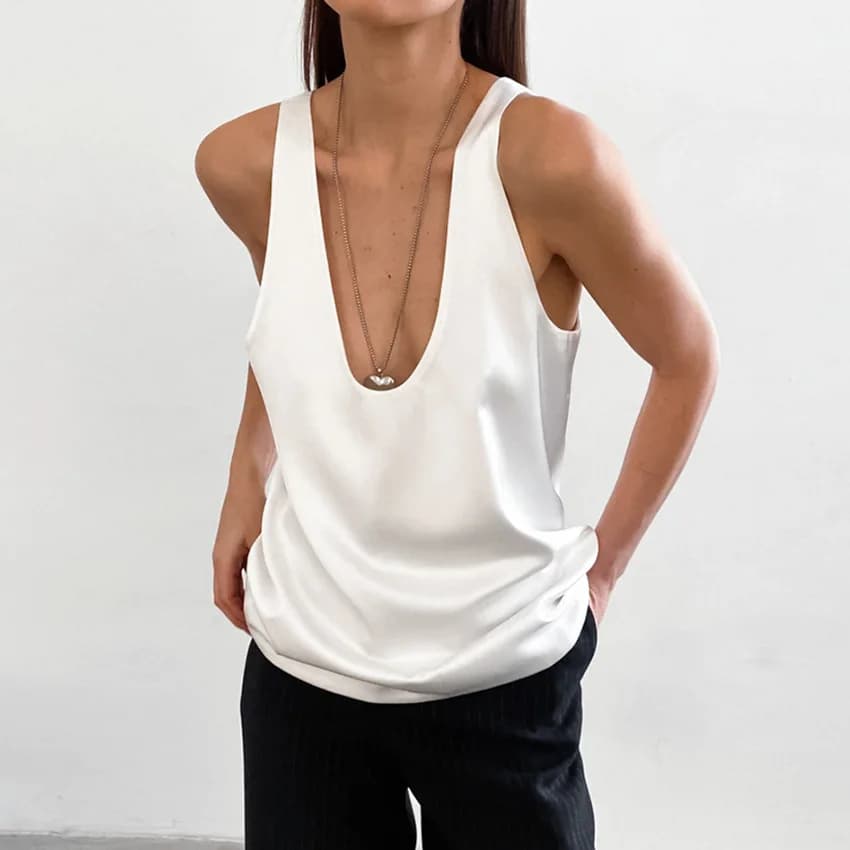 T-shirt in raso con scollo a U senza maniche da donna, versatile, nero e bianco, stile street, top senza maniche con fodera versatile