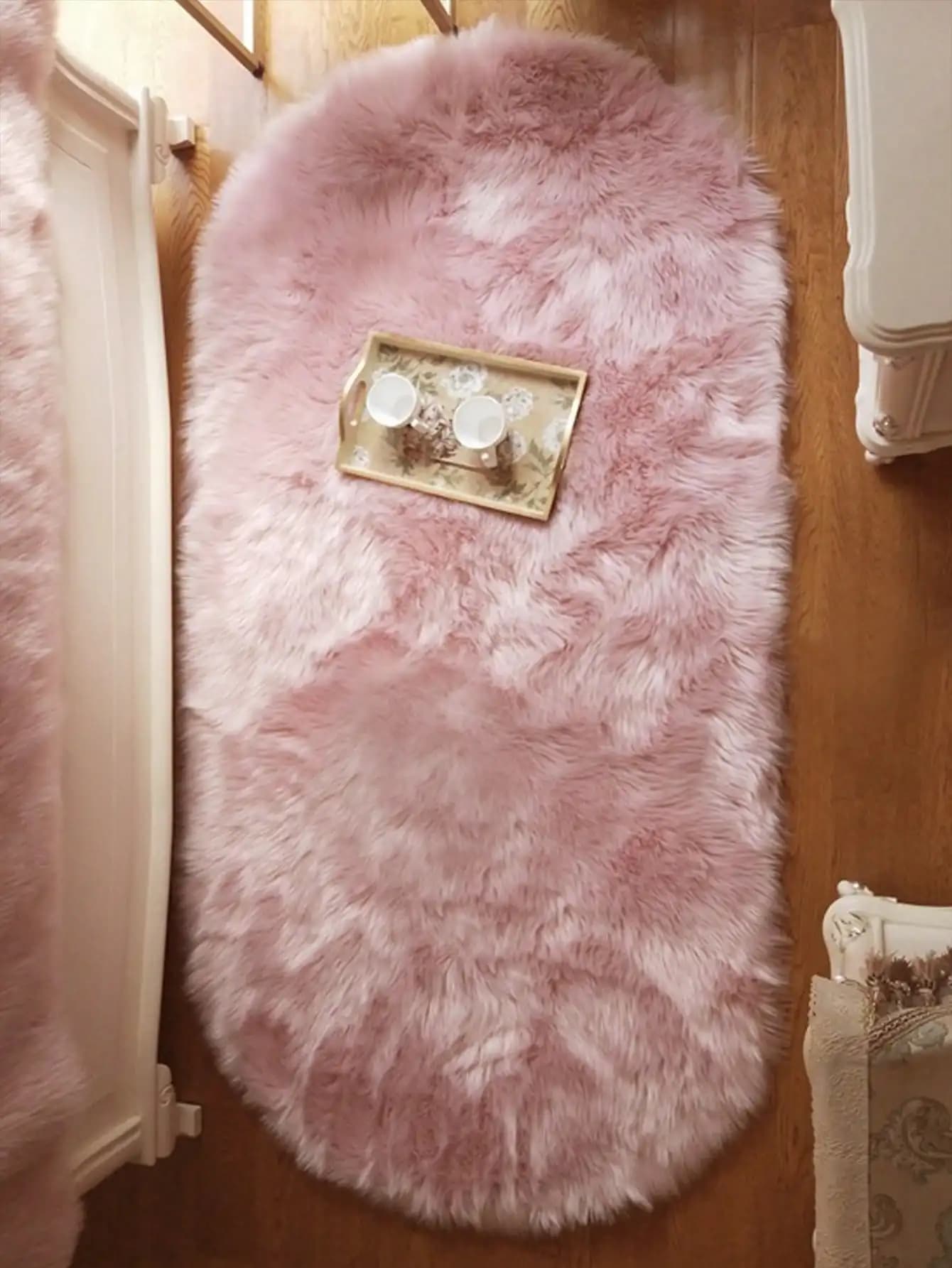 Tappeto ovale rosa imitazione lana, guardaroba, comodino per la casa, tappeto per soggiorno con capelli lunghi