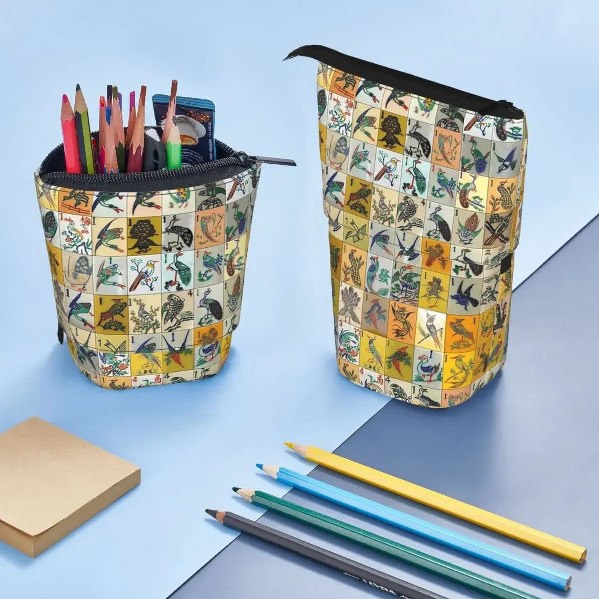 Astuccio Reversibile Mahjong Birds per Studenti, Porta Penne, Borsa per Cancelleria, Regalo