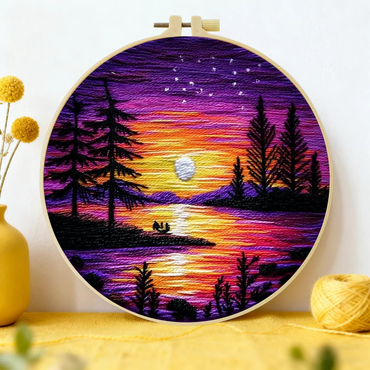 Kit Ricamo Tramonto 20x20cm/15x15cm (7.87/6.3 pollici) - Kit Fai da Te per Principianti, Arte del Ricamo, Cucito e Needle Art