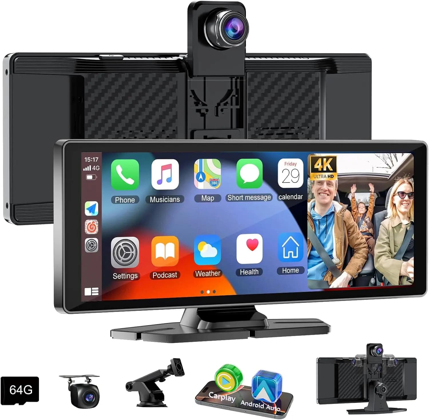 10.26 inch HD autoradio with Apple CarPlay and Android Wireless Auto, Dash Cam 4K Rotatable, GPS Navigation