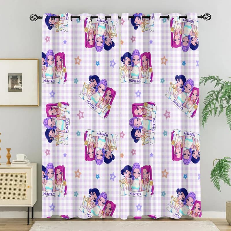 2 pz. Tende Oscuranti Hasbro Kpop Viola a Quadri con Stampa Anime Girls, con Occhielli, per Camera da Letto e Soggiorno