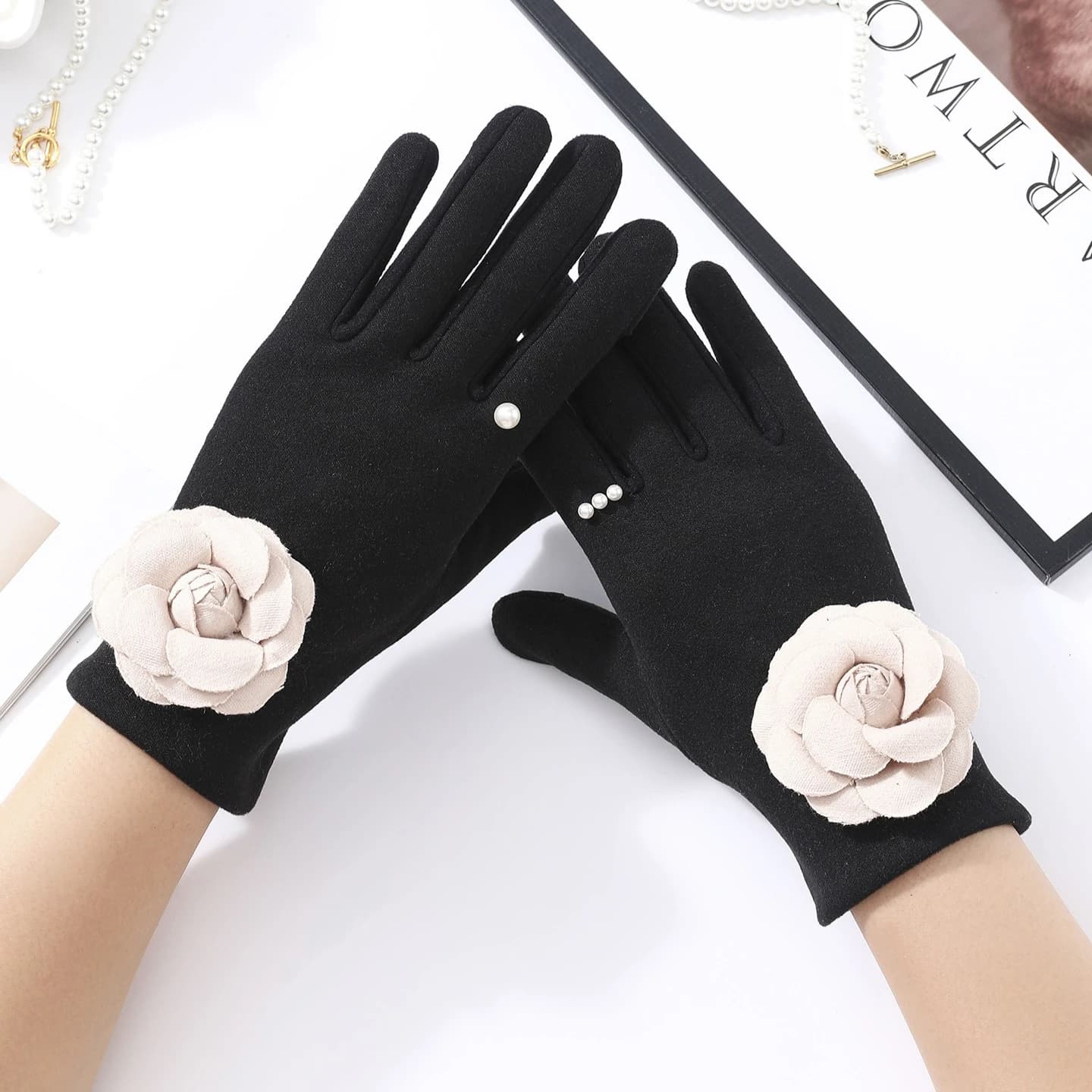 Guanti Invernali alla Moda con Fiori e Perle per Donne, Guanti Caldi in Velluto per Ciclismo e Guida, Neri, a Dita Intere
