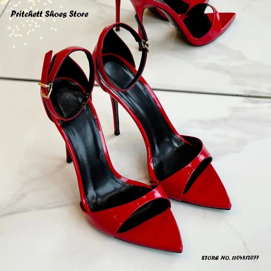 Sandali da donna in pelle verniciata da 12 cm cinturino con fibbia estiva scarpe eleganti per banchetti nuziali moda punta aperta tacchi a spillo alti