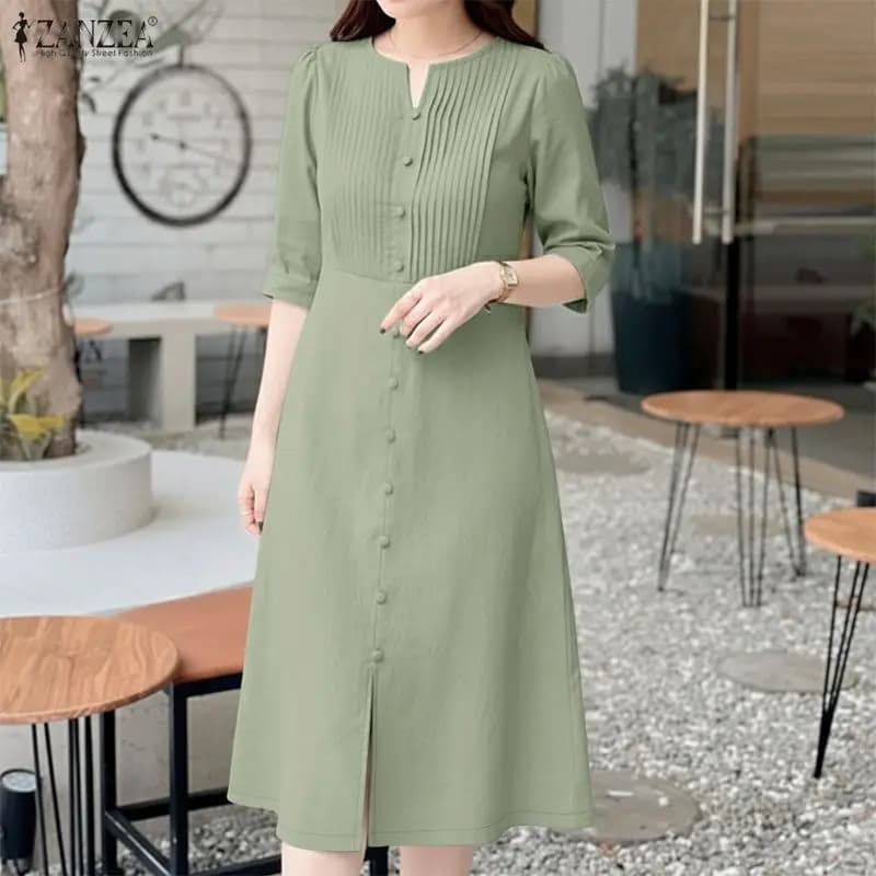2026 ZANZEA Abito Elegante con Spacco Laterale da Donna, Vestito Estivo con Scollo a V e Mezza Manica, Abito Midi Casual Tinta Unita per Vacanze e Lavoro