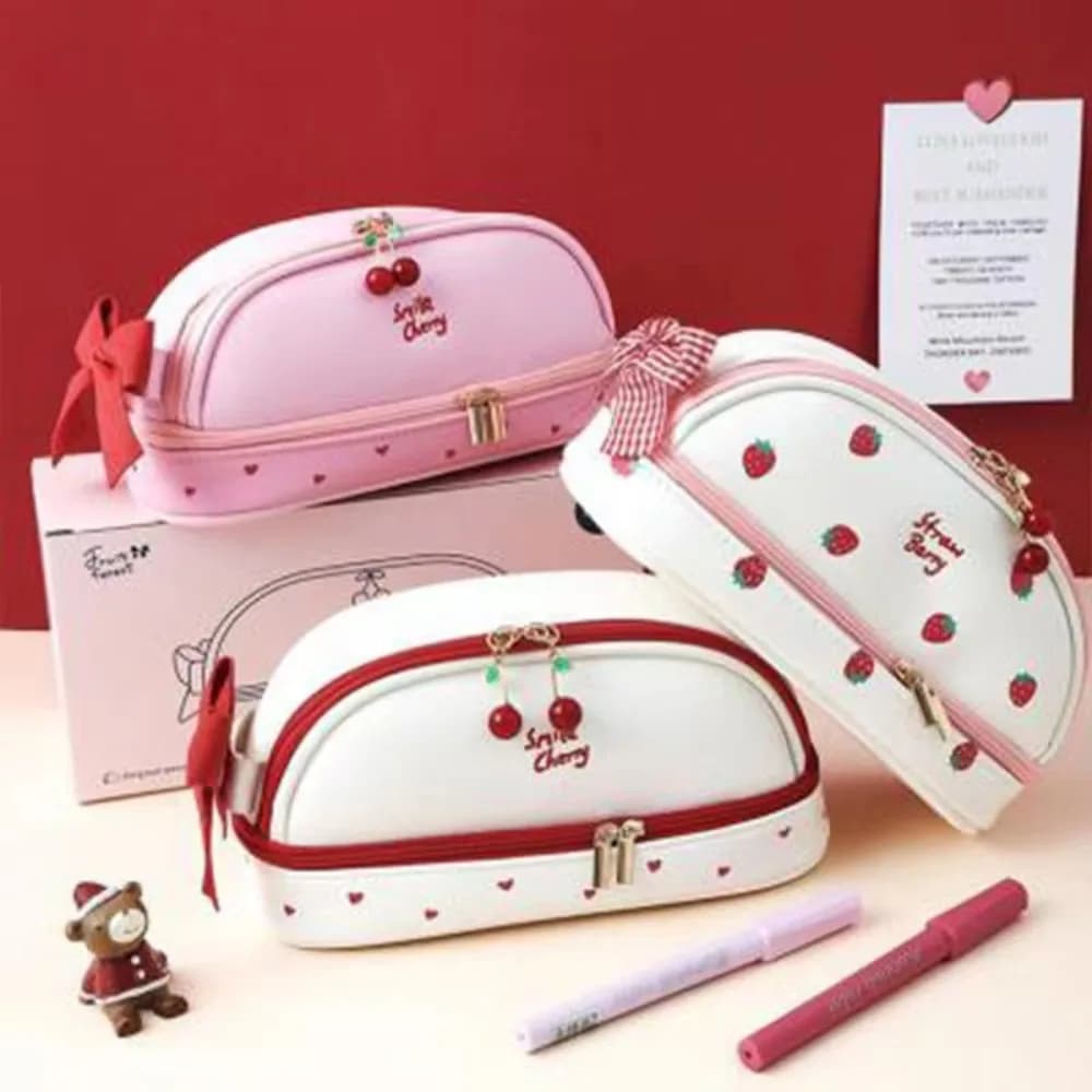 Portable Bear Pencil Case Strawberry PU Leather Cute Pencil Bag Smile Cherry Stationery Double Layer Pen Pouch Girl