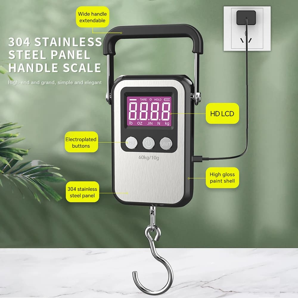 60Kg/10g Display Digitale LCD Bilancia Appesa Palmare Mini Elettronica Ricaricabile Bilancia per Bagagli da Viaggio da Pesca