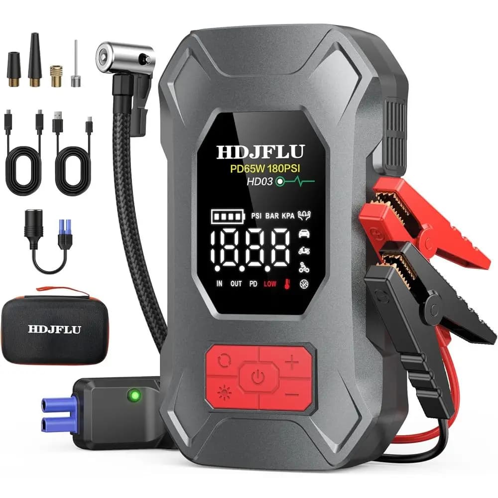 Avviatore di Emergenza Portatile 24000mAh con Compressore d'Aria 180PSI, Caricatore Rapido 65W, Gonfiatore Pneumatici Auto 10-in-1, Accendisigari, LED