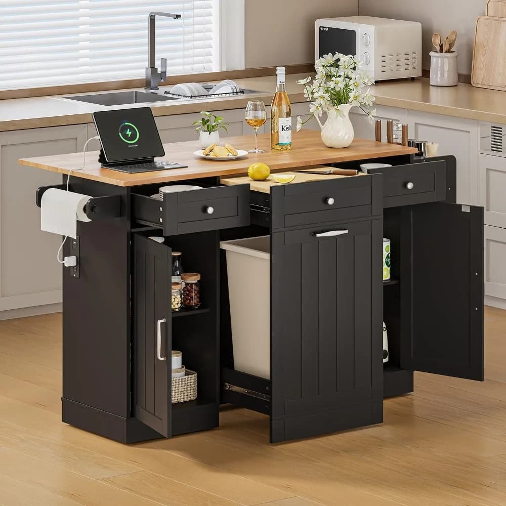 Kitchen Islands with Movable Wood Cutting Board & Trash Can, Black | 61" Rolling Island Cart with Drop Leaf & Power