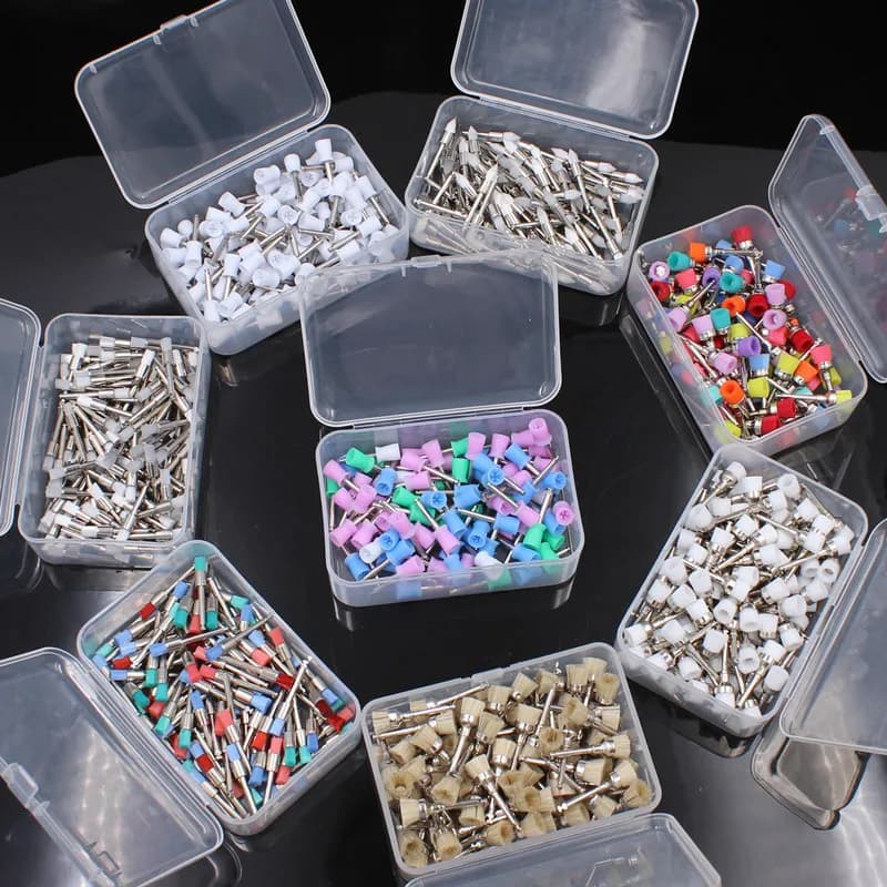 100 pz Kit di Strumenti per Lucidatura Dentale Spazzola per Lucidatura Dentale Lucidatore Prophy Tazza di Gomma Fermo Setole di Nylon Buff Colorate