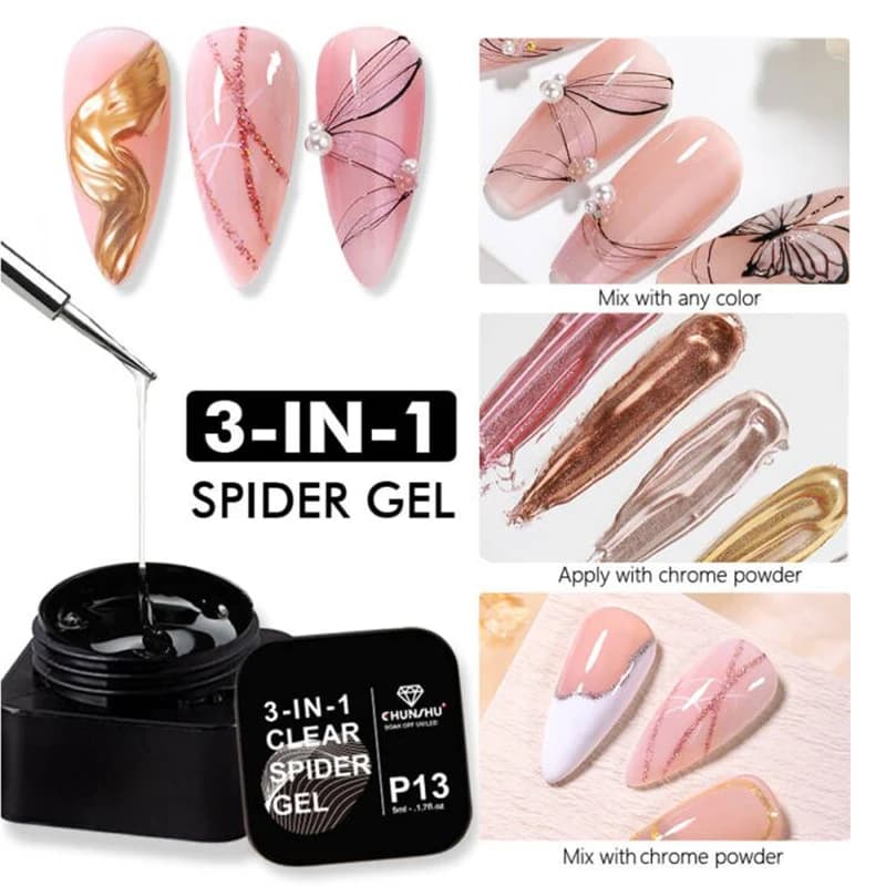 CHUNSU 5ML Semi-solid Nail Art Spider Gel 3 in1 No Wipe DIY Creative Wire Drawing Liner Clear Nail Gel Magic Powder Manicure Tool