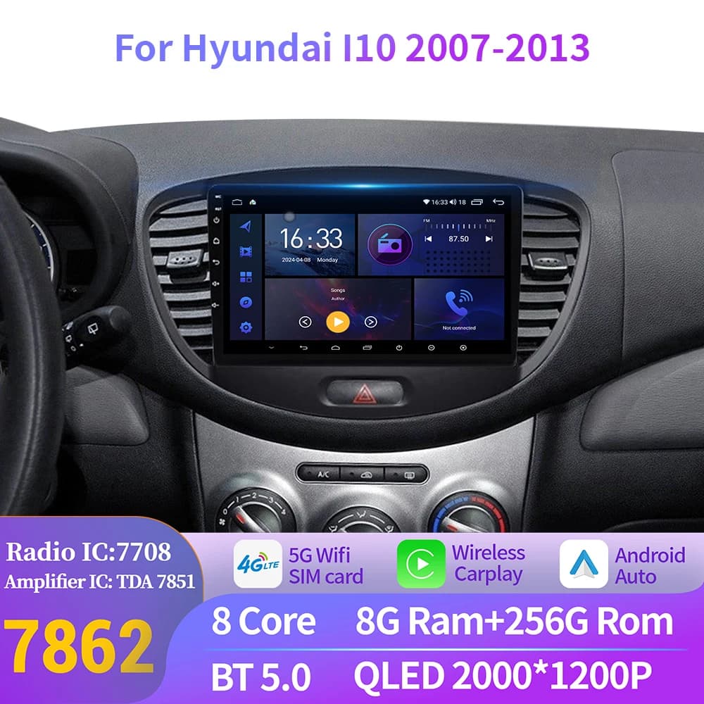 Android 14 For Hyundai I10 2007-2013 Car Radio Multimedia Navigation Intelligent system GPS Carplay Touch 2K QLED Screen Stereo