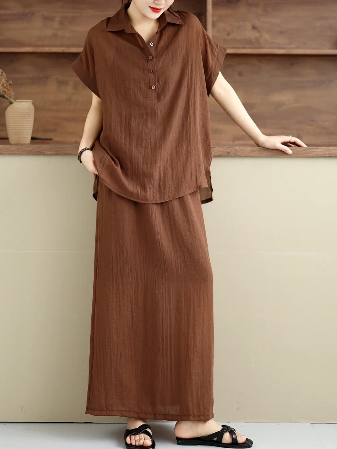 Summer Loose Simple Pure Color Shirt Short Sleeve Women's Top Half Skirt Two-Piece Set Casual Fashion Lightweight Cotton Blend