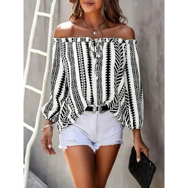 Plus Size 1XL-5XL Women's Sexy Long Sleeved Shirt with Boat Shoe Casual Shirt with Printed Lace Women's Elegant Sleeveless Back Sleeveless