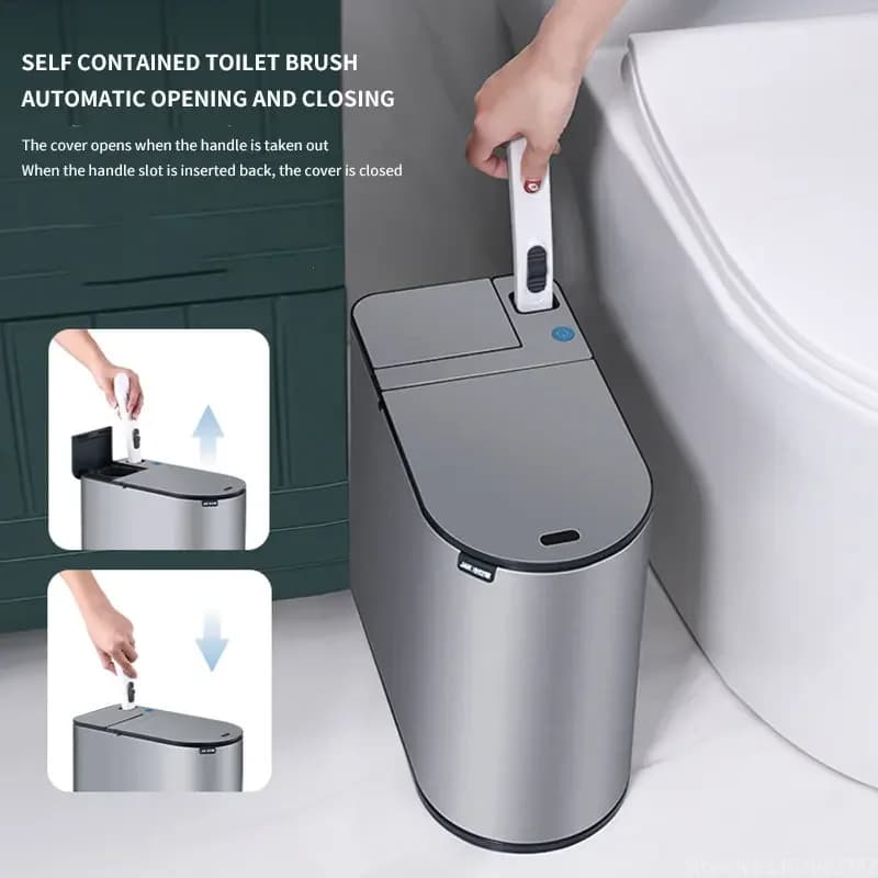 Set di spazzole per WC con bidone della spazzatura intelligente in acciaio inossidabile da 7 litri, bidone della spazzatura impermeabile, secchio stretto con sensore intelligente per coperchio del bagno
