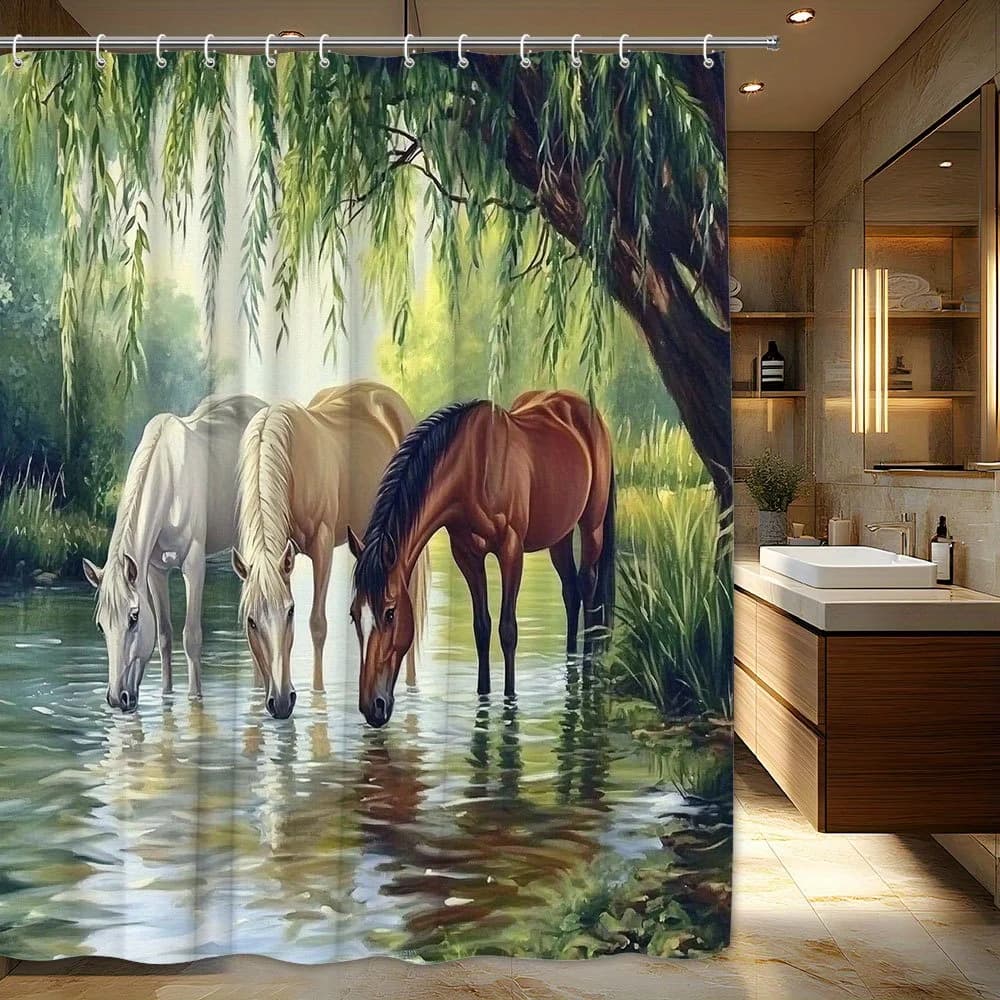 Realistic Horse Shower Curtain for Bathroom Decor Nature Equestrian Art Print Polyester Tropical Forest Waterproof Shower Liner